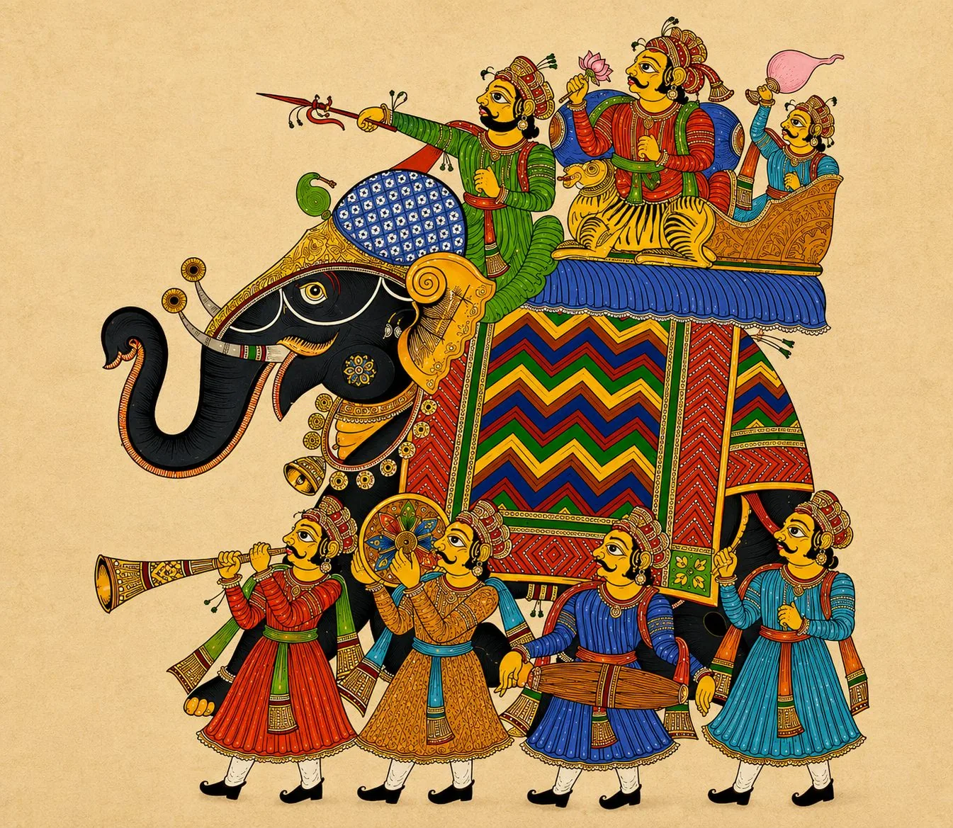 Folk painting of a baraat procession with an elephant