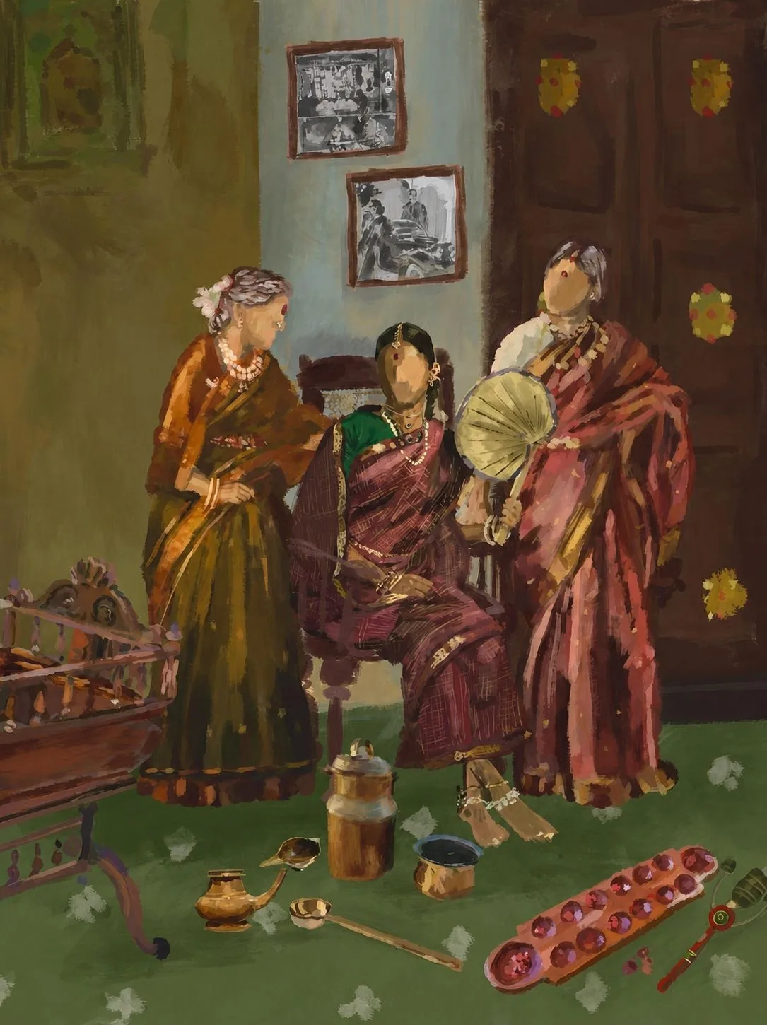 Painting of two women in saris preparing haldi and mehendi
