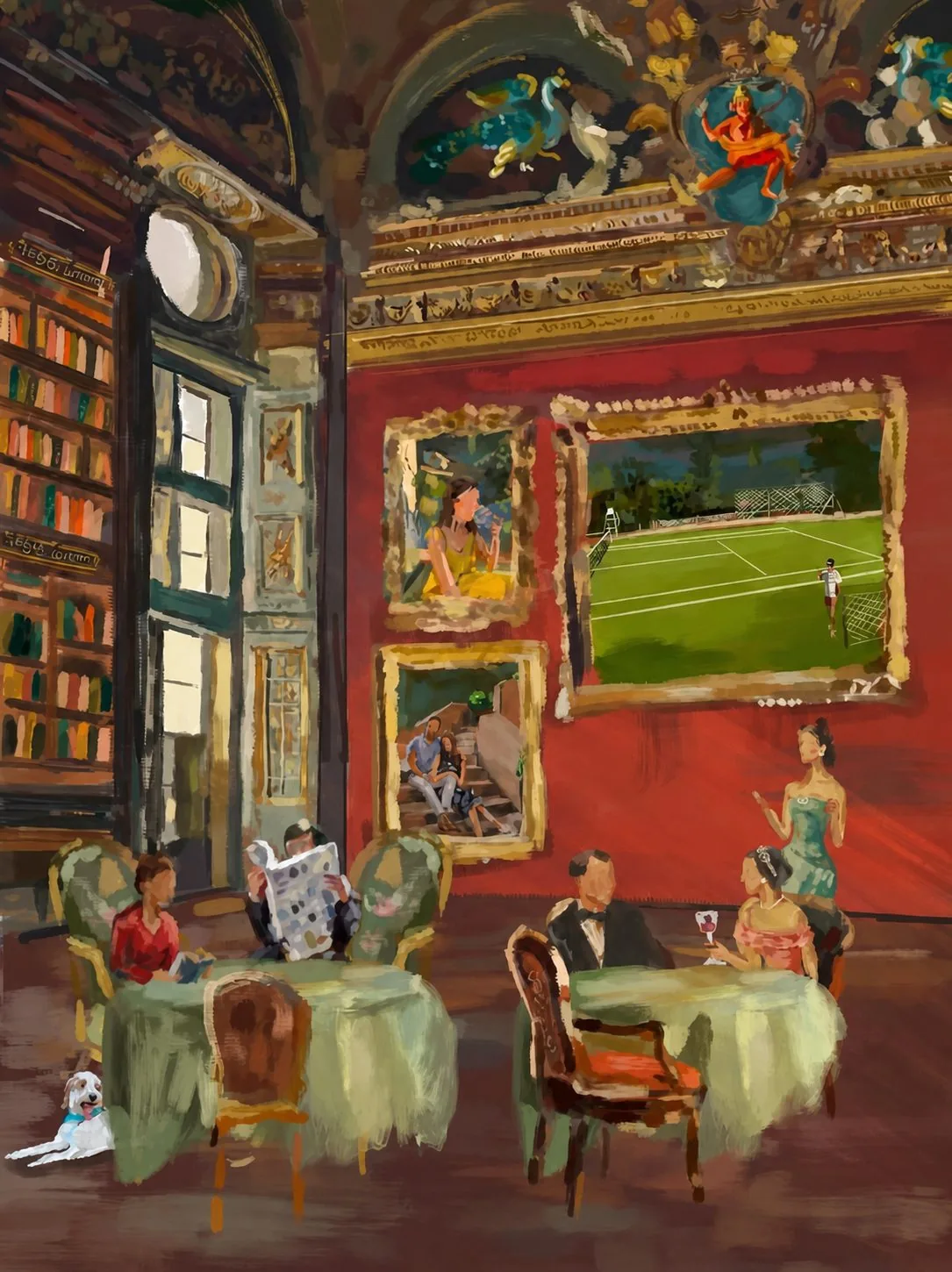 Painting of a grand library bar with guests at tea