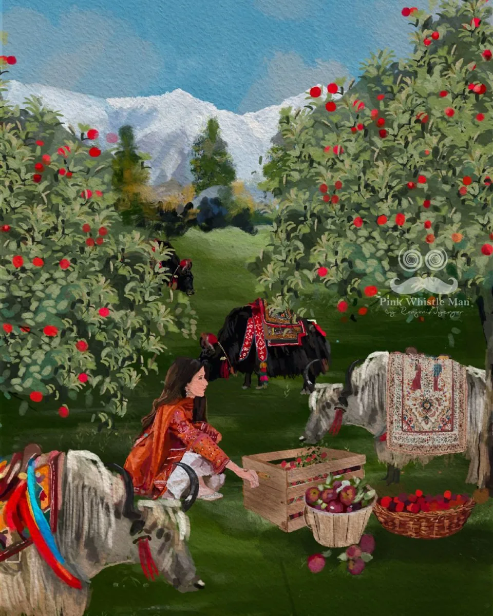 Painting of a woman with a yak in an apple orchard beneath the Himalayas