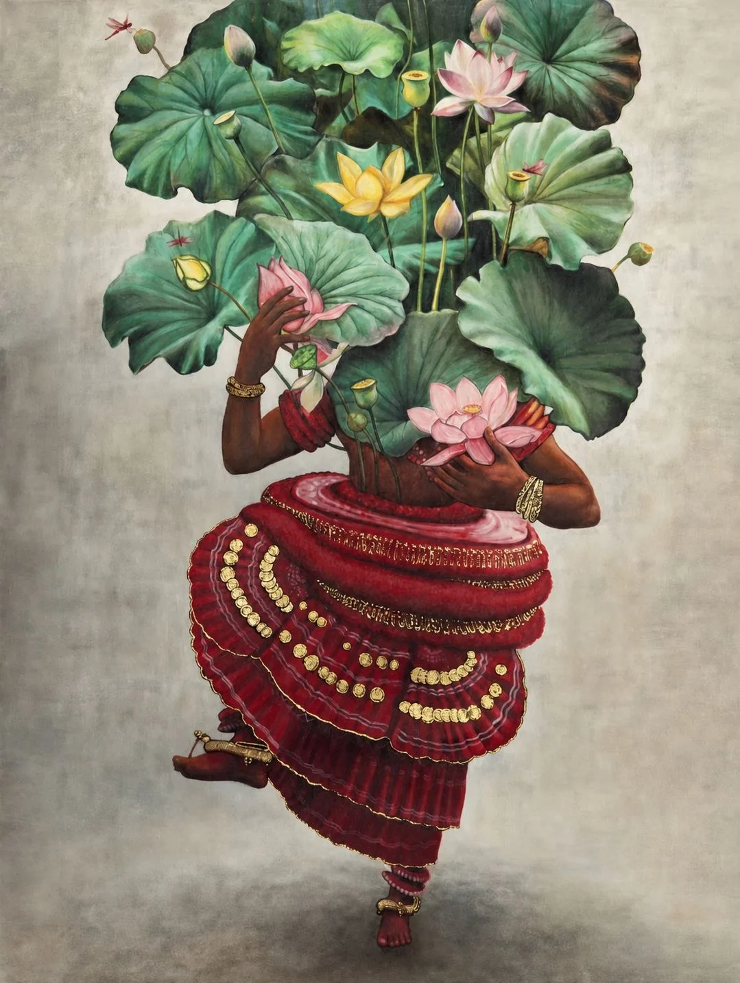 Painting of a dancer carrying lotus leaves