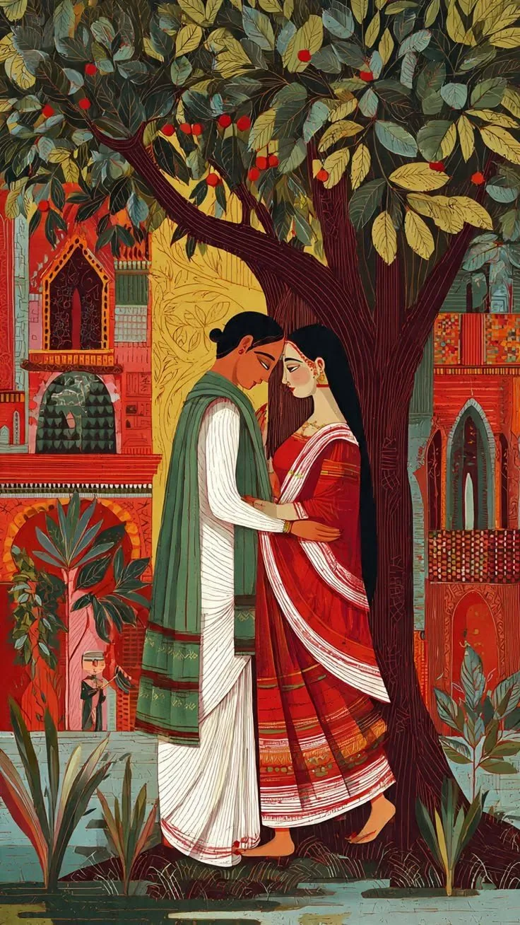 Painting of a couple embracing beneath a tree